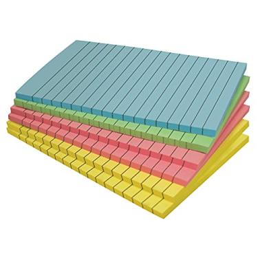 Imagem de Notas adesivas forradas, pacote com 10 x 15, pacote com 6, 300 folhas (50/bloco), notas autoadesivas com linhas, 4 cores pastel sortidas, da Better Office Products, Post Memos, adesivo forte, 6 almofadas