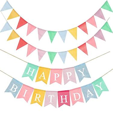 Imagem de LifePassion Happy Birthday Banner with 24pcs Pennant Banner Flags, Assembled Durable Imitated Burlap Banner, Pastel Rainbow Birthday Party Decorations