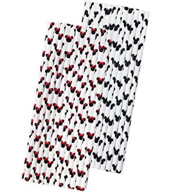 Imagem de Canudos de papel inspirados no Mickey e Minnie Mouse – Padrão de orelhas de mouse – Preto Vermelho Branco – 19,05 cm – Pacote com 50 – Marca de papéis fora da caixa