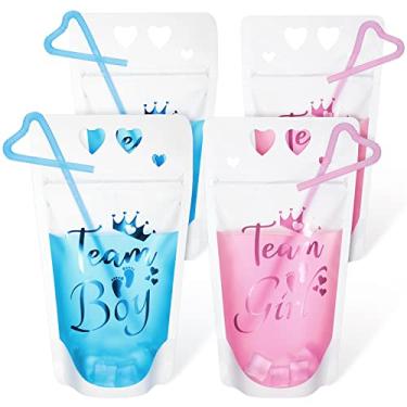 Imagem de 48 pçs bolsa de bebidas para bebidas com zíper rosa azul com canudos Team Boy Team Girl Reclosable plástico sacos de bebida para chá de bebê Artigos para festa de gênero 24 rosa 24 azul, 482 g
