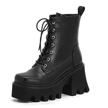 Imagem de Botas de plataforma de tornozelo femininas Chunky Block Punk salto alto com cadarço gótico motocicleta botas de combate,Black,2 UK/35 EU