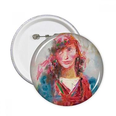 Imagem de Red Scarf Girl XJJ Pintura a óleo Pinos Redondo Emblema Decoração Roupas 5 peças Presente