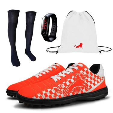 Imagem de Chuteira Society Masculina + Meião + Bolsa Branco + Relógio-Masculino