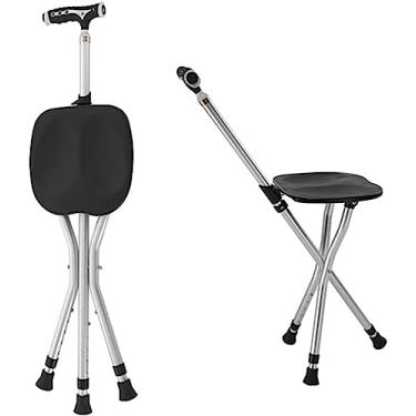 Imagem de Assento de bengala dobrável portátil, cadeira de bengala combinada de altura ajustável de alumínio, bengala de caminhada ajustável de 3 pernas com luz LED unissex para viagens leves de idosos