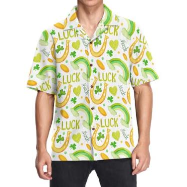 Imagem de Camisa havaiana masculina de manga curta com colarinho de botão camisa casual folgada férias praia verão tops, Dia de São Patrício dourado e verde, M