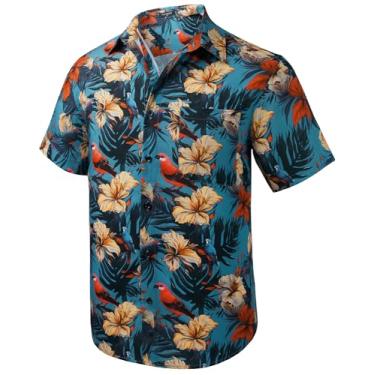 Imagem de Camisa masculina havaiana manga curta Aloha floral tropical casual camisa de botão camisas verão praia para férias, Azul/Flor e Pássaro, XXG