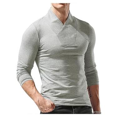 Imagem de Camiseta masculina de manga comprida com absorção de umidade, cor sólida, gola cruzada, camiseta skinny, Cinza-claro, M