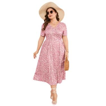 Imagem de Vestido maxi plus size feminino casual de verão boho floral cintura império plus size vestido rodado vestidos plus size para mulheres curvilíneas, Pinkf, GG
