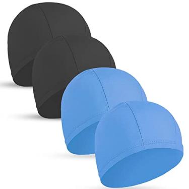Imagem de 4 toucas de natação elásticas para mulheres e homens e crianças tecido durável não impermeável touca de banho de piscina elástica (2 preto e 2 azul, 4)