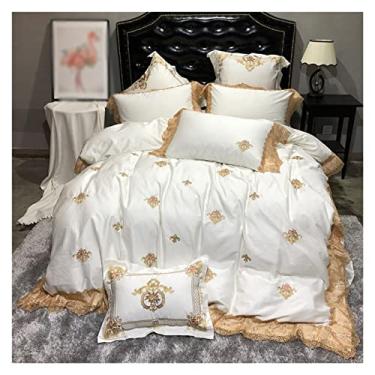 Imagem de Jogo de cama de algodão com renda bordada dourada capa de edredom branca 4 peças capa de edredom queen (cor: D, tamanho: 1,8 * 2,0 m) (D 1,6 * 1,8 m)