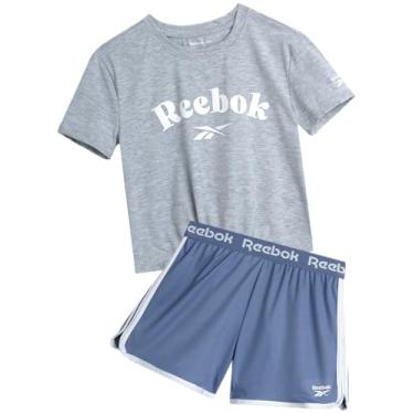 Imagem de Reebok Conjunto de shorts ativos para meninas - camiseta de manga curta de 2 peças e shorts de ginástica golfinho de malha - conjunto de roupas esportivas de verão (7-12), Vintage Dusty Blue, 7