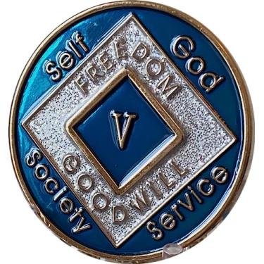 Imagem de RecoveryChip 5 Anos Azul Prata Glitter NA Medalhão Oficial Narcóticos Anônimos Sobriedade, Mint State, Não Certificado/Grau Vendedor, 36,5 mm