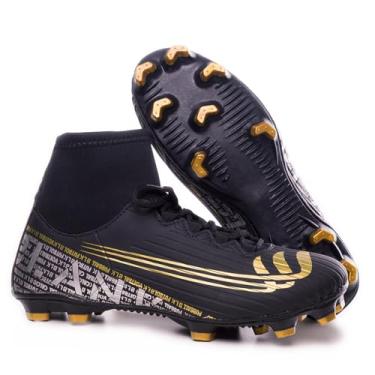 Imagem de Chuteira Campo Gramado Botinha 38 ao 44 com Solado Costurado (PRETO DOURADO, BR, Adulto, Numérico, 44)