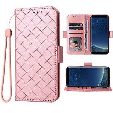Imagem de Capa carteira compatível com Samsung Galaxy S8 Plus e alça de pulso e suporte de cartão dobrável de couro para Glaxay S8plus S 8 8plus 8S Edge S8+ SM-G955U feminino masculino rosa