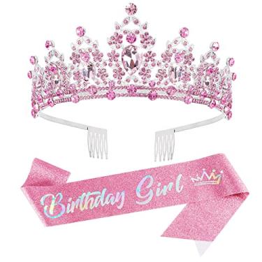 Imagem de SuPoo Coroas de aniversário rosa kit de faixa e coroa de aniversário tiara de aniversário strass coroa de metal com pente glitter aniversário meninas faixa de cristal tiara princesa para meninas decorações de feliz aniversário