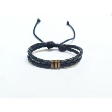 Imagem de pulseira bracelete de couro preto couro trançado ajustável estilo com 