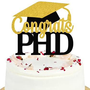 Imagem de Glitter Black Congrats PHD Cake Topper - Class Of 2024 Cake Topper - Congrats Master PHD Graduate Decor PHD Decorações de festa de formatura