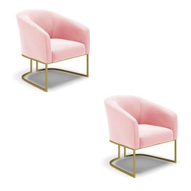 Imagem de Cadeira Sala De Jantar Base Industrial Dourado Kit 2 Stella Suede D03 - D`rossi Cor Rosa Bebê