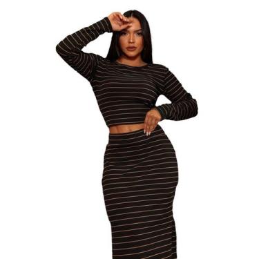Imagem de Conjunto Saia e Cropped 3d Fenda Malha Canelada Listrada - Show store,