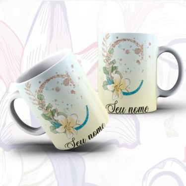 Imagem de Caneca Porcelana Alfabeto Floral Glitter Personalizada Com Inicial E N