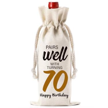 Imagem de Sacola de vinho de aniversário engraçada, ideias de presente de aniversário de 70 anos, combina bem com a celebração de 70 sacos de garrafa de vinho de serapilheira com cordão para mulheres, homens,