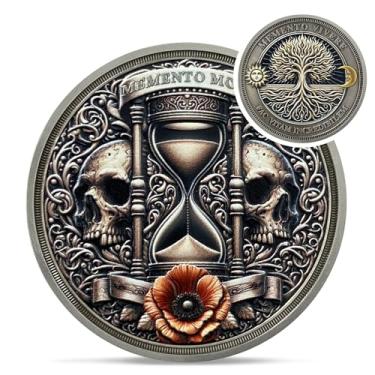 Imagem de Moeda Ampulheta Memento Mori - Novidade Árvore da Vida Moeda Desafio Estóica - Medalhões de símbolo de caveira EDC Amor Fati para prática estoica diária - Presentes inspiradores Momento Mori