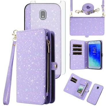 Imagem de Capa de celular para Samsung Galaxy J3 Orbit J 3 Star 2018 3J Achieve Capa magnética destacável com protetor de tela e suporte de cartão com glitter Flip Cell J3V V 3ª geração SM J337A J337V J337 Roxo