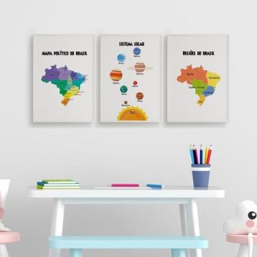 Imagem de Quadros Mapa Brasil Sistema Solar Educativo 3 Peças 20x28cm - camaleão