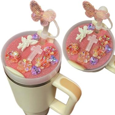 Imagem de Lindo pingente de flor de borboleta cristã para acessórios Stanley Cup 40/850.5 g copo com tampa de palha de silicone e placa de tampa para mulheres (rosa claro, 1,134 g)
