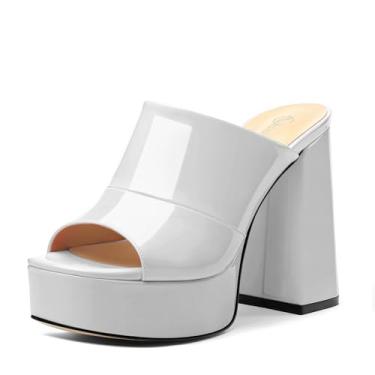 Imagem de CDXJHYMY Sandálias femininas de salto grosso, plataforma quadrada, bico aberto, sandálias de salto alto, sem cadarço, vestido de festa, casamento, Patente branca, 35 BR