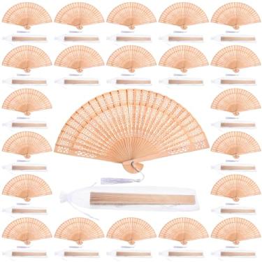 Imagem de Qunclay 60 peças de leques de mão de madeira ventiladores de casamento dobráveis para convidados padrão oco chinês com borla branca e saco de presente para chá de panela, lembrancinhas de festa de