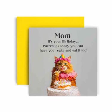 Imagem de Huxters Cartão de feliz aniversário Funny Mom - Cat Purrhaps have Cake and Eat it too - Vale-presente para seu cartão para mãe - 14,8 cm (mãe)