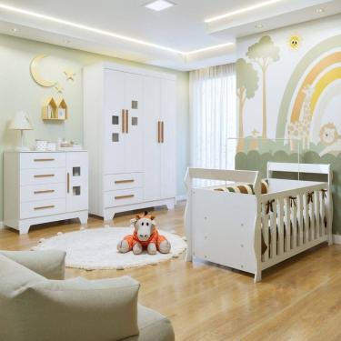 Imagem de Quarto de Bebê Completo com Guarda-Roupa, Berço e Cômoda Sonho Branco
