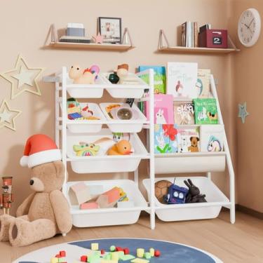Imagem de Estante infantil e organizador de brinquedos, armazenamento de brinquedos de 4 camadas com 7 caixas de plástico removíveis, armazenamento de estante Montessori para crianças e crianças, prateleiras de