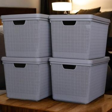 Imagem de Kit 4 Caixas Organizadoras Plásticas 22L com Tampa Empilháveis para Organização de Cozinha Banheiro Escritório (Cinza)