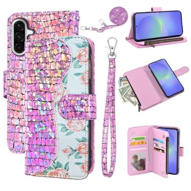 Imagem de Dibosom Capa carteira floral para Samsung Galaxy S25 Plus S25+ 5G com alça de pulso alça de ombro flip zíper bolsa porta-cartão, suporte brilhante brilhante para celular S25Plus 25S 25+ rosa