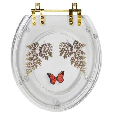Imagem de Assento Sanitário Poliester Oval Transparente Decorado Borboleta Vermelha Com Ferragem Dourada