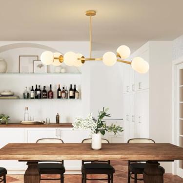 Imagem de TAKEGO Lustre Linear Moderno De Latão Dourado Com 8 Luzes Para Sala De Jantar, Lustre Grande Moderno De Meados Do Século, Lustre Sputnik, Lustre Globo Para Sala De Estar, Cozinha E Ilha