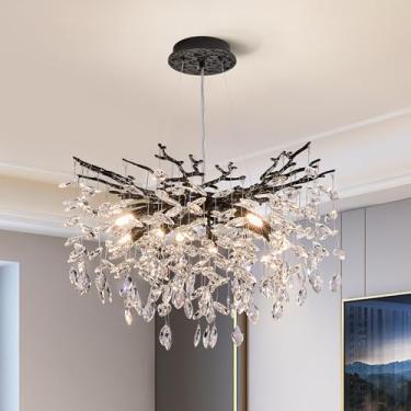Imagem de witkey Lustre De Cristal Moderno Com Galho De Árvore, Iluminação Pendente De Cristal Preto De Luxo, 23,6" Lustres Contemporâneos De 8 Luzes Para Sala De Jantar, Cozinha, Quarto E Sala De Estar