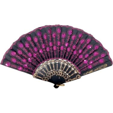 Imagem de Leque Tecido Lantejoula Brilhante Varias Estampas Madeira Escuro Oriental Japonês Gueixa(Rosa)