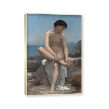 Imagem de NHLDZYH Moldura dourada champanhe. Impressões de arte William Adolphe Bouguereau - Pintura de retrato - (The Bather) - Pôster temático de mitologia grega - Pôster de decoração de parede vintage. 30 x