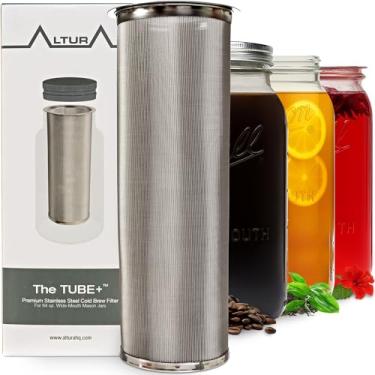 Imagem de (The TUBE+ (1890ml/1.9l)) - The TUBE+: Cold Brew Coffee Maker and Tea Infuser Kit. Premium Stainless Steel Mesh Filter Designed to Fit 1890ml Wide Mouth Ball Mason Jar Brew Guide and Recipe eBook Included