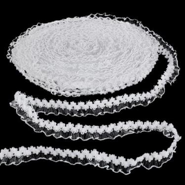 Imagem de AHANDMAKER 25 m Renda elástica com babados de 1,5 cm fita de renda com borda estreita de babados lindos enfeites de tule para artesanato de costura faça você mesmo, enfeites de fronha, branco