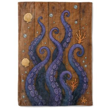 Imagem de coedoaes Cobertor de lã com tentáculos de polvo, 127 x 152 cm, tentáculos roxos inspirados no mar profundo, cobertores de madeira com concha de bolha, coral, macio, aconchegante, leve, ideal para