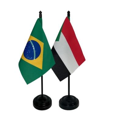 Imagem de Kit Bandeiras de Mesa Brasil e Sudão, Base e Haste em Plástico Preto, Tecido Oxford, Uma Face