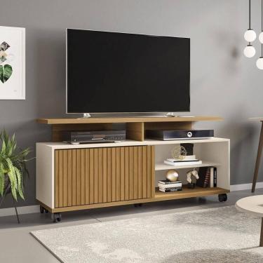 Imagem de Rack Para Até 55 Polegadas Com Nichos 1 Porta E Rodízios Multimóveis Cr45295 Cinamomo/off White/ripado