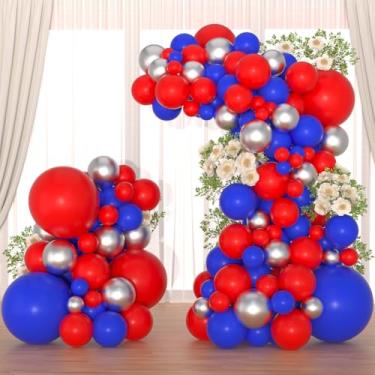 Imagem de Kit de arco de guirlanda de balões de prata e azul vermelho - vermelho, azul real, balões prateados metálicos para decoração de festa de aposentadoria de aniversário de beisebol, aniversário