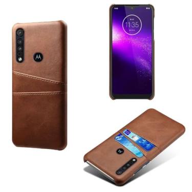 Imagem de Capas Compatível com MOTO One macro,tampa protetora de couro falso,design de saco de cartão com 2 fendas de cartão atrás,proteção anti-impressão digital e anti-gota-Brown