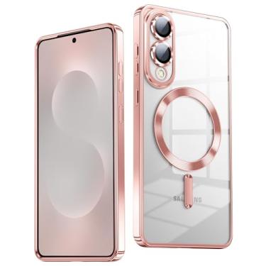 Imagem de TOBOVON Capa fina para Samsung Galaxy S25 Edge, compatível com MagSafe, protetor de lente de câmera integrado, capa protetora à prova de choque, capa transparente galvanizada macia, ouro rosa