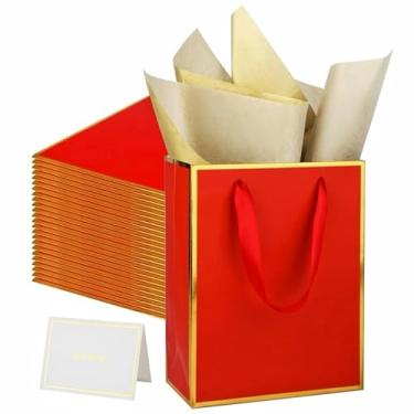 Imagem de UoeRing Pacote com 25 sacos de presente de agradecimento com alças 24 x 19 x 9,5 cm, sacos de presente de aniversário médios com papel de seda e cartão para casamento, dama de honra, feriados, chá de